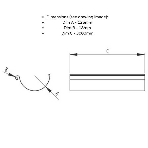 picture showing dimensions of 125mm galvanised steel guttering